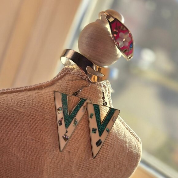 Vtg Alpaca Mexico German silver lot pink inlay MCM Bracelet & Geometric earrings - Picture 11 of 14